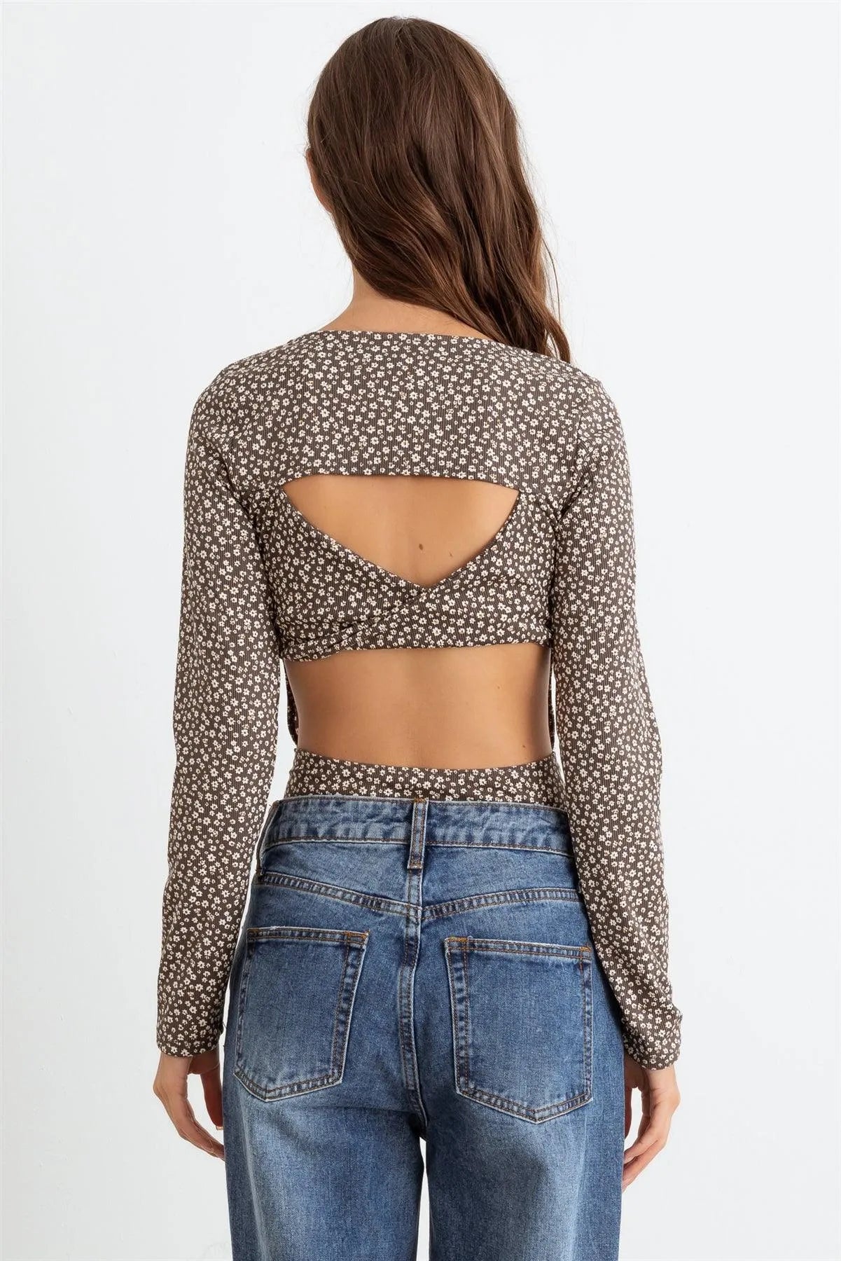 Mocha & White Floral Ribbed Long Sleeve Cut-Out Back Bodysuit /3-2 - Tasha Apparel Wholesale