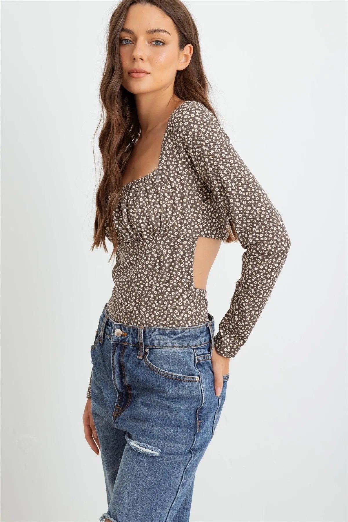 Mocha & White Floral Ribbed Long Sleeve Cut-Out Back Bodysuit /3-2 - Tasha Apparel Wholesale