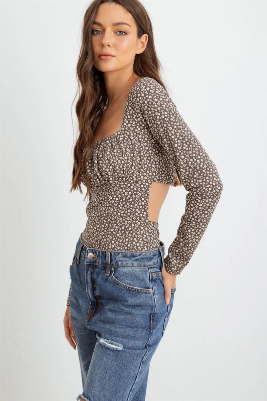Mocha & White Floral Ribbed Long Sleeve Cut-Out Back Bodysuit /3-2-1 - Tasha Apparel Wholesale