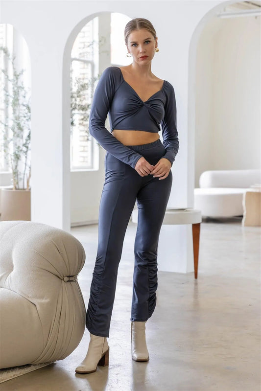 Charcoal Wrap V-Neck Top & Ruched High Waist Pants Set /3-2-1 - Tasha Apparel Wholesale