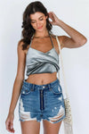 Olive Velvet Wrap Sleeveless Crop Top /2-2-1 - Tasha Apparel Wholesale