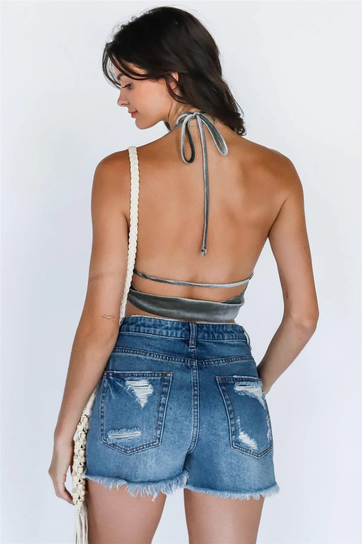 Olive Velvet Wrap Sleeveless Crop Top /2-2-1 - Tasha Apparel Wholesale