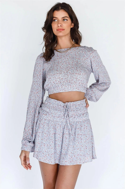 Light Blue Floral Print Balloon Long Sleeve Crop Top & Mini Skirt Set /3-2-1 - Tasha Apparel Wholesale
