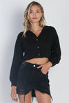 Black Button Up Collared Long Sleeve Crop Top /3-2-1
