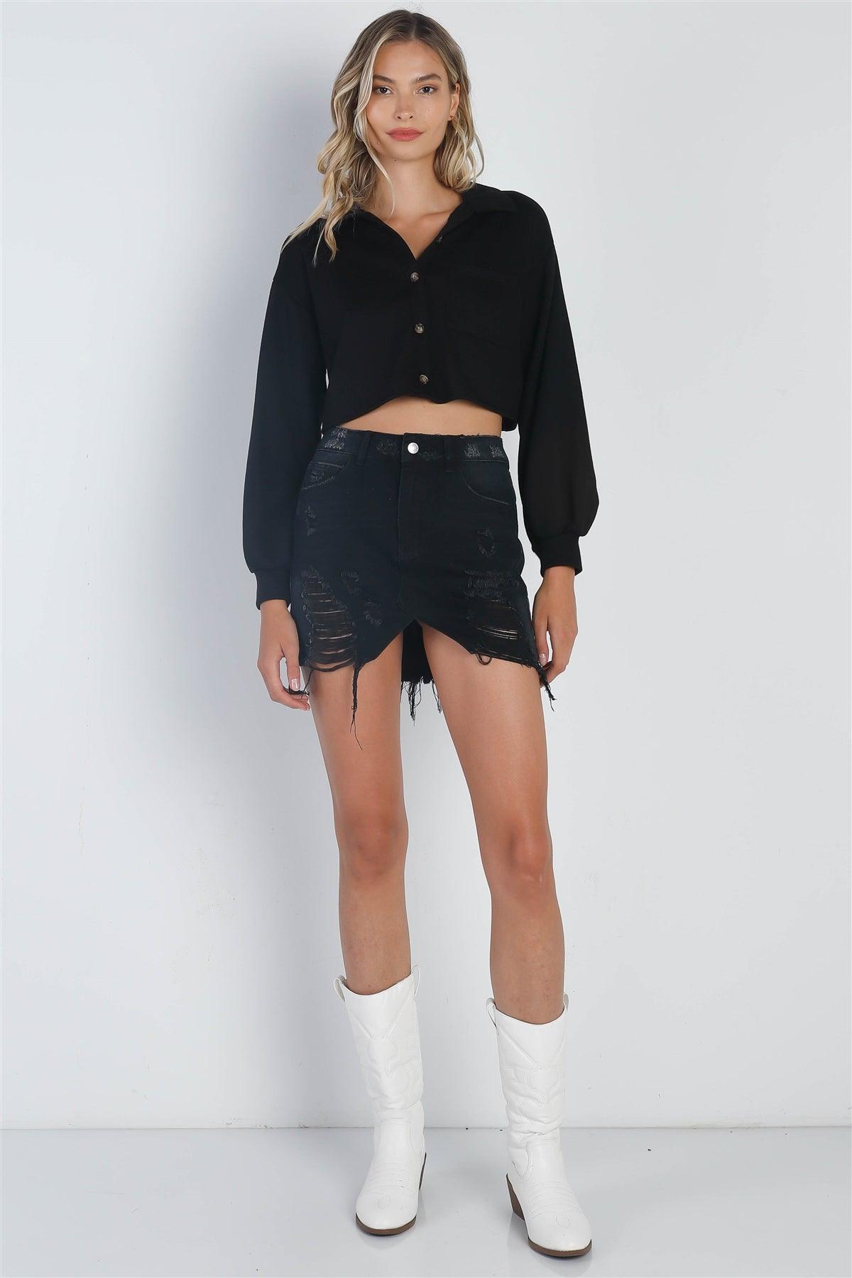 Black Button Up Collared Long Sleeve Crop Top /3-2-1