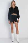 Black Button Up Collared Long Sleeve Crop Top /2-2-1