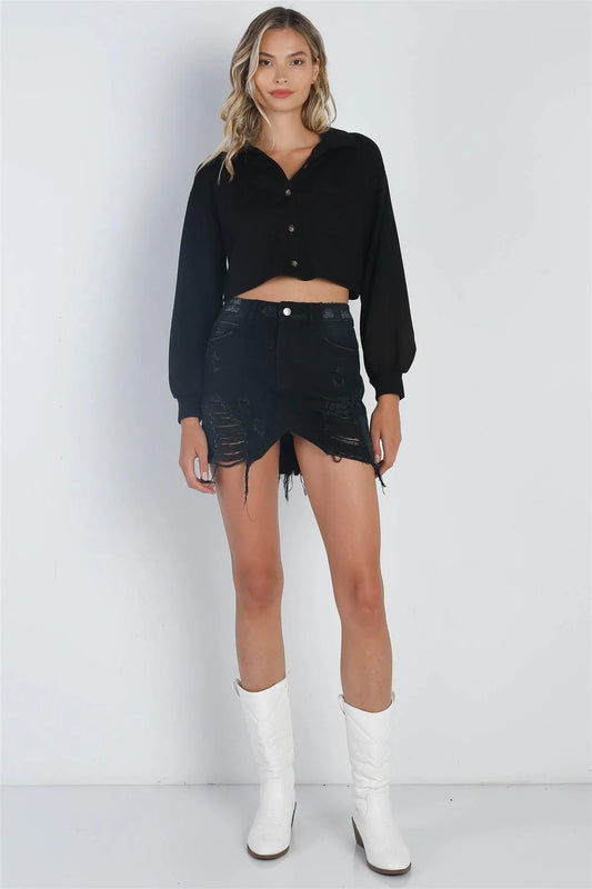 Black Button Up Collared Long Sleeve Crop Top /4-2 - Tasha Apparel Wholesale