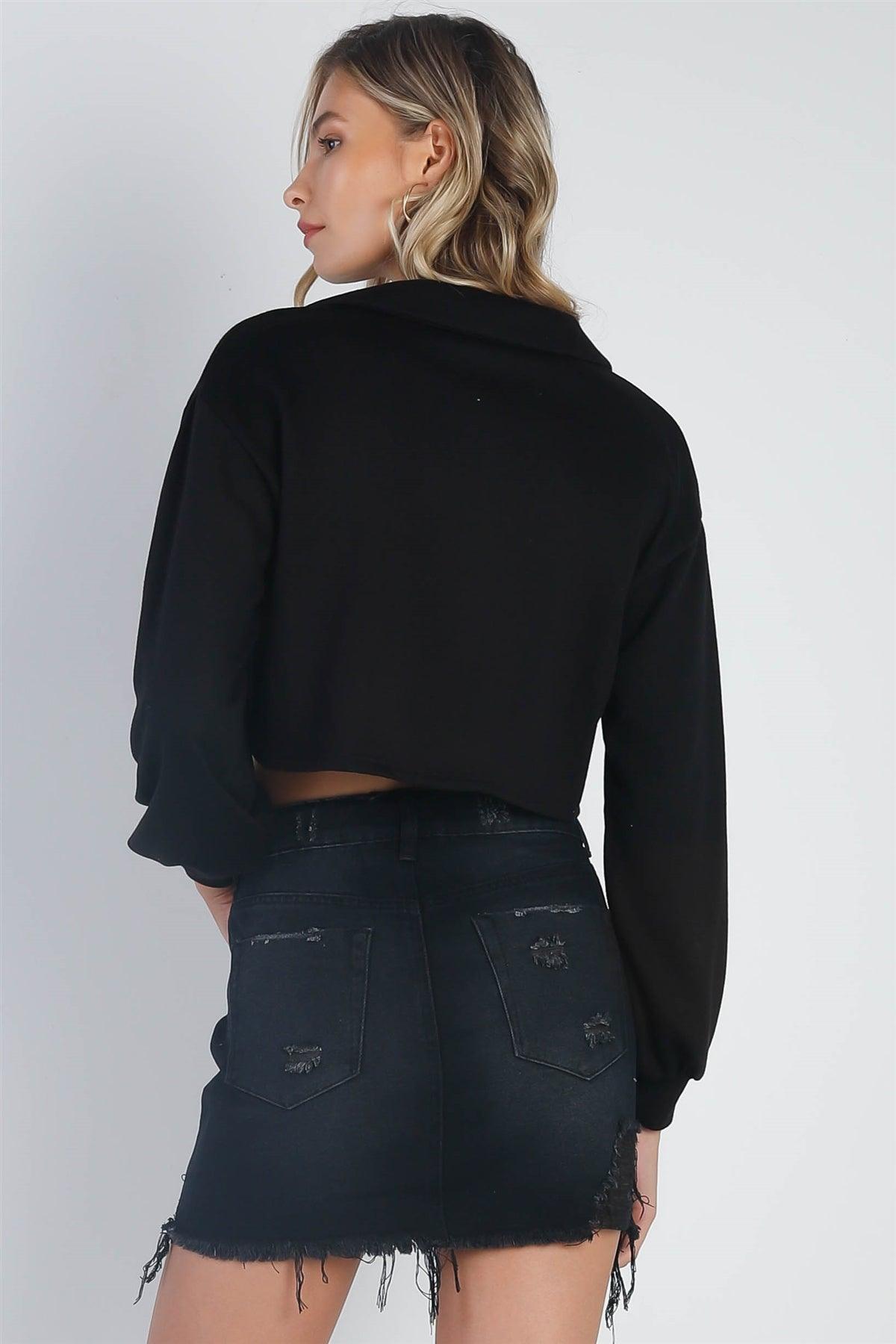 Black Button Up Collared Long Sleeve Crop Top /4-2
