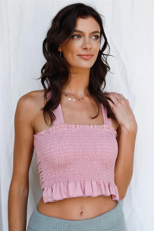 Mauve Smocked Back Criss-Cross Self-Tie Strap Sleeveless Crop Top /2-2-1 - Tasha Apparel Wholesale