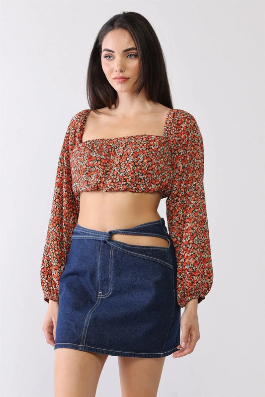 Black & Red & Ditsy Floral Ruched Square Neck Puff Balloon Long Sleeve Crop Top /1-2-2-1 - Tasha Apparel Wholesale