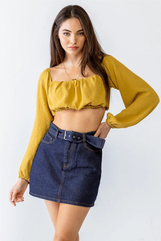 Mustard Textured Long Sleeve Crop Top /1-2-2-1 - Tasha Apparel Wholesale