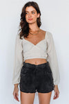 Taupe Waffle Knit Back Lace Down Long Balloon Sleeve Crop Top /3-2-1