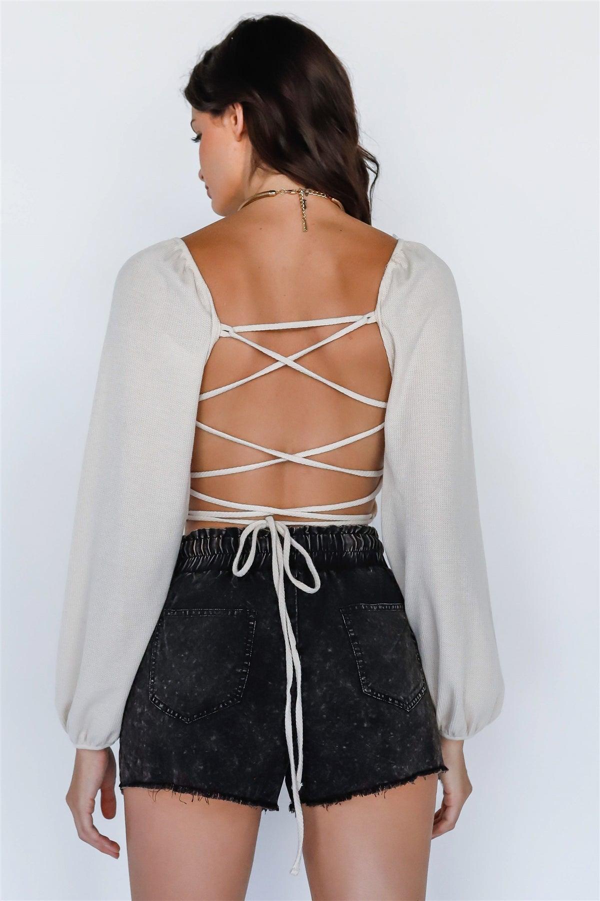 Taupe Waffle Knit Back Lace Down Long Balloon Sleeve Crop Top /3-2-1