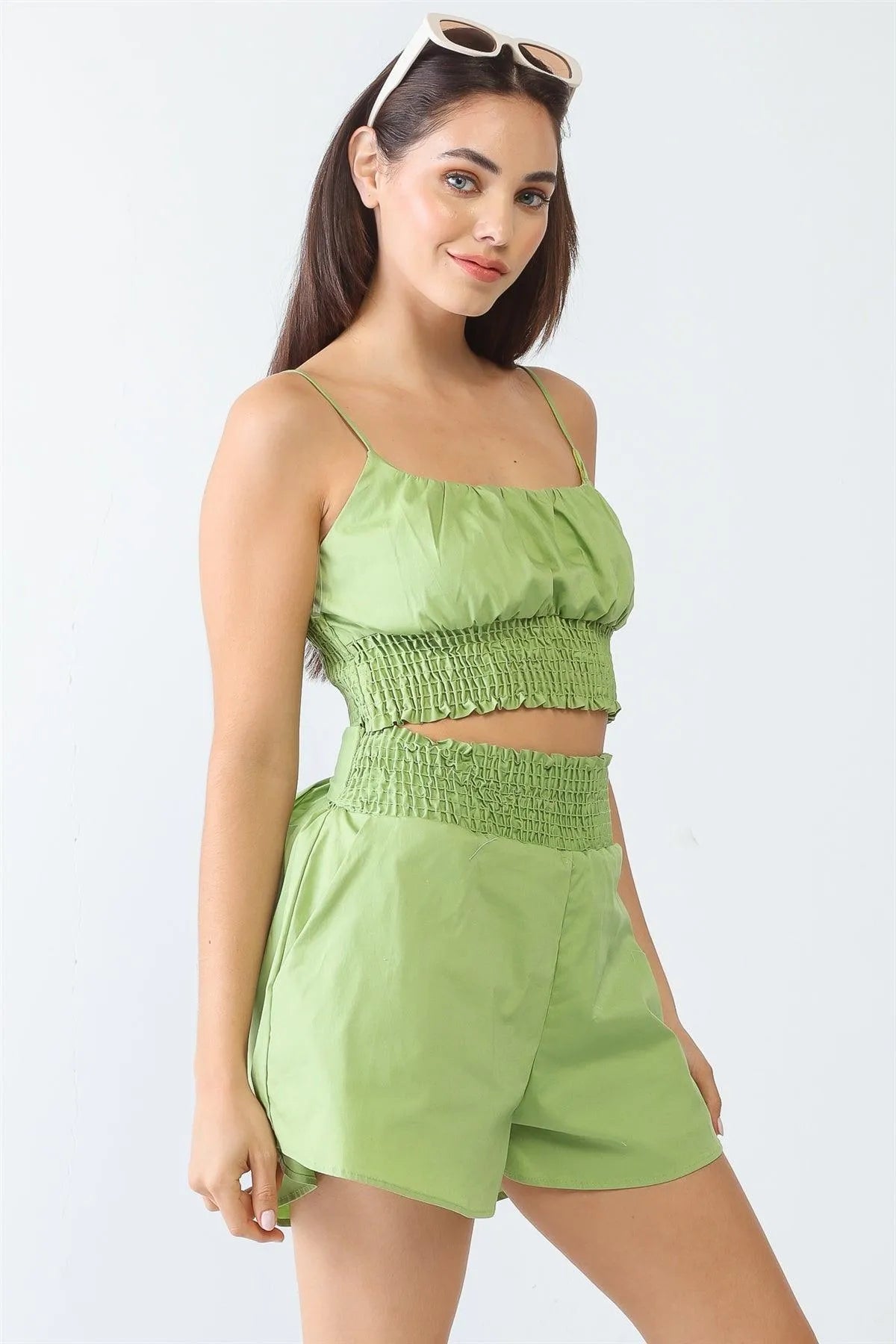 Lime Cotton Smocked Sleeveless Strappy Crop Top & High Waist Two Pocket Shorts Set /1-1 - Tasha Apparel Wholesale