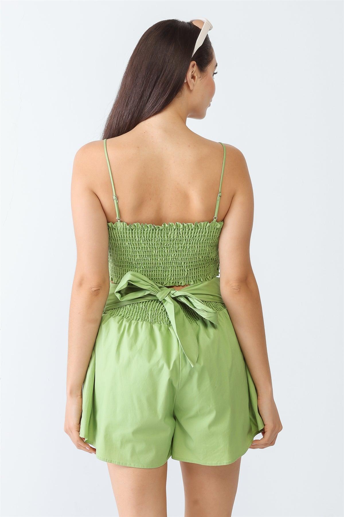 Lime Cotton Smocked Sleeveless Strappy Crop Top & High Waist Two Pocket Shorts Set /1-1