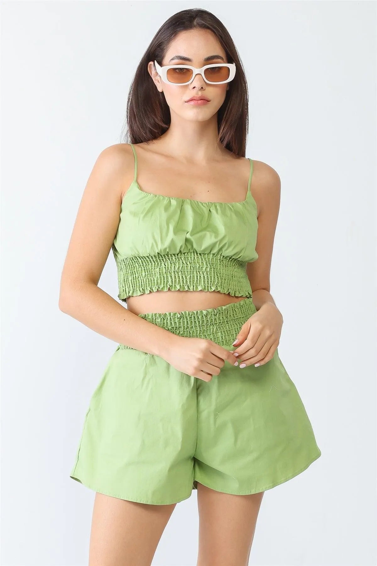 Lime Cotton Smocked Sleeveless Strappy Crop Top & High Waist Two Pocket Shorts Set /1-1 - Tasha Apparel Wholesale