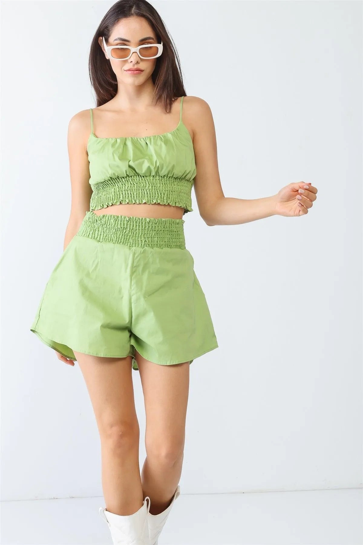 Lime Cotton Smocked Sleeveless Strappy Crop Top & High Waist Two Pocket Shorts Set /1-1 - Tasha Apparel Wholesale
