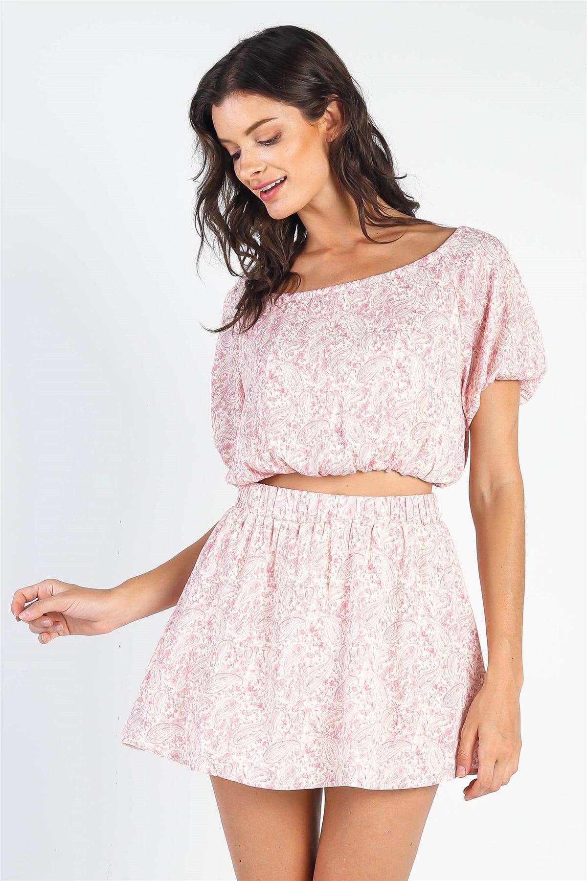 Cream & Pink Paisley Print Textured Crop Top & Mini Skirt Set /3-2-1