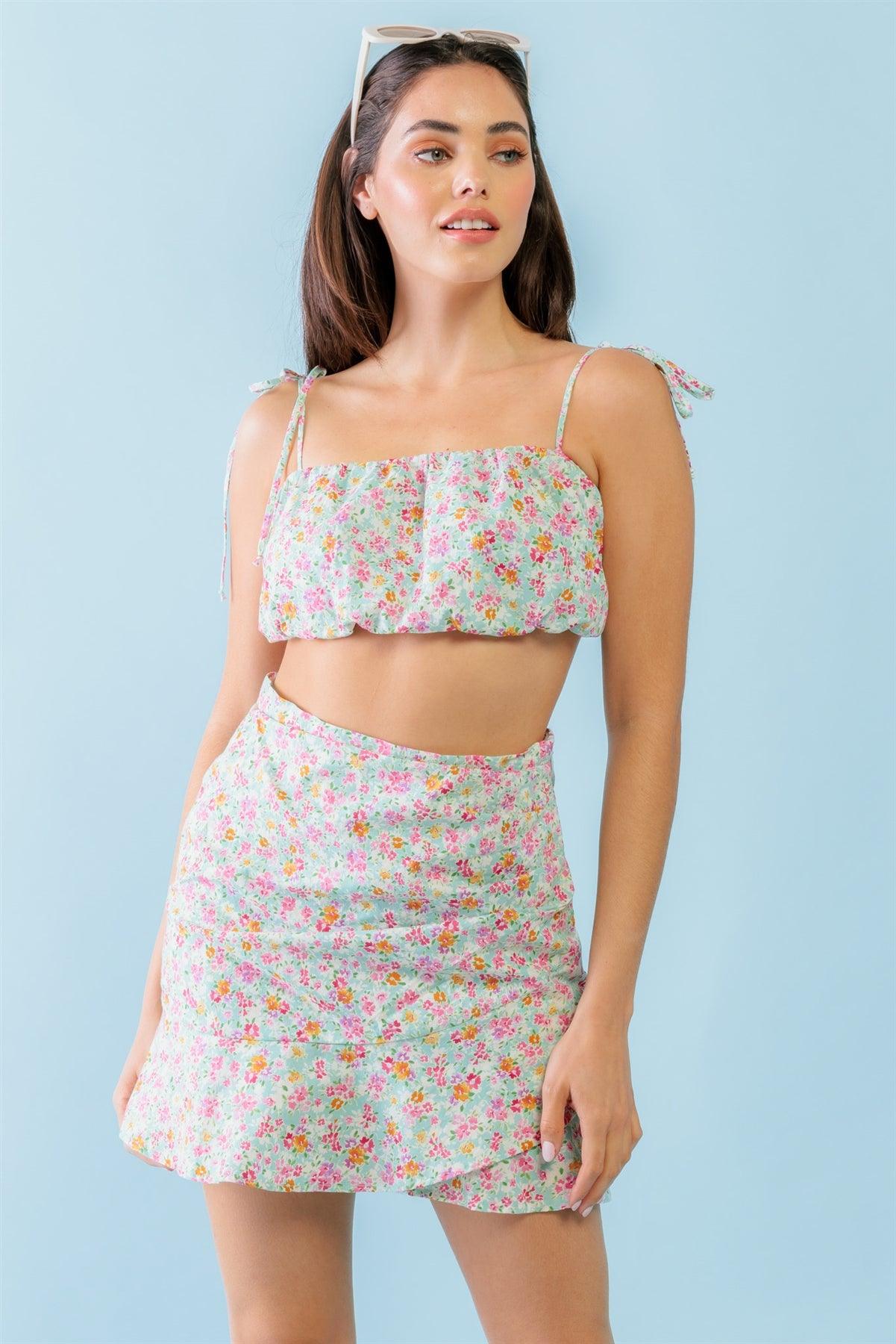 Mint Fuchsia Print Cotton Sleeveless Strappy Crop Top & High Waist Wrap Hem Mini Skirt Set /3-2-1