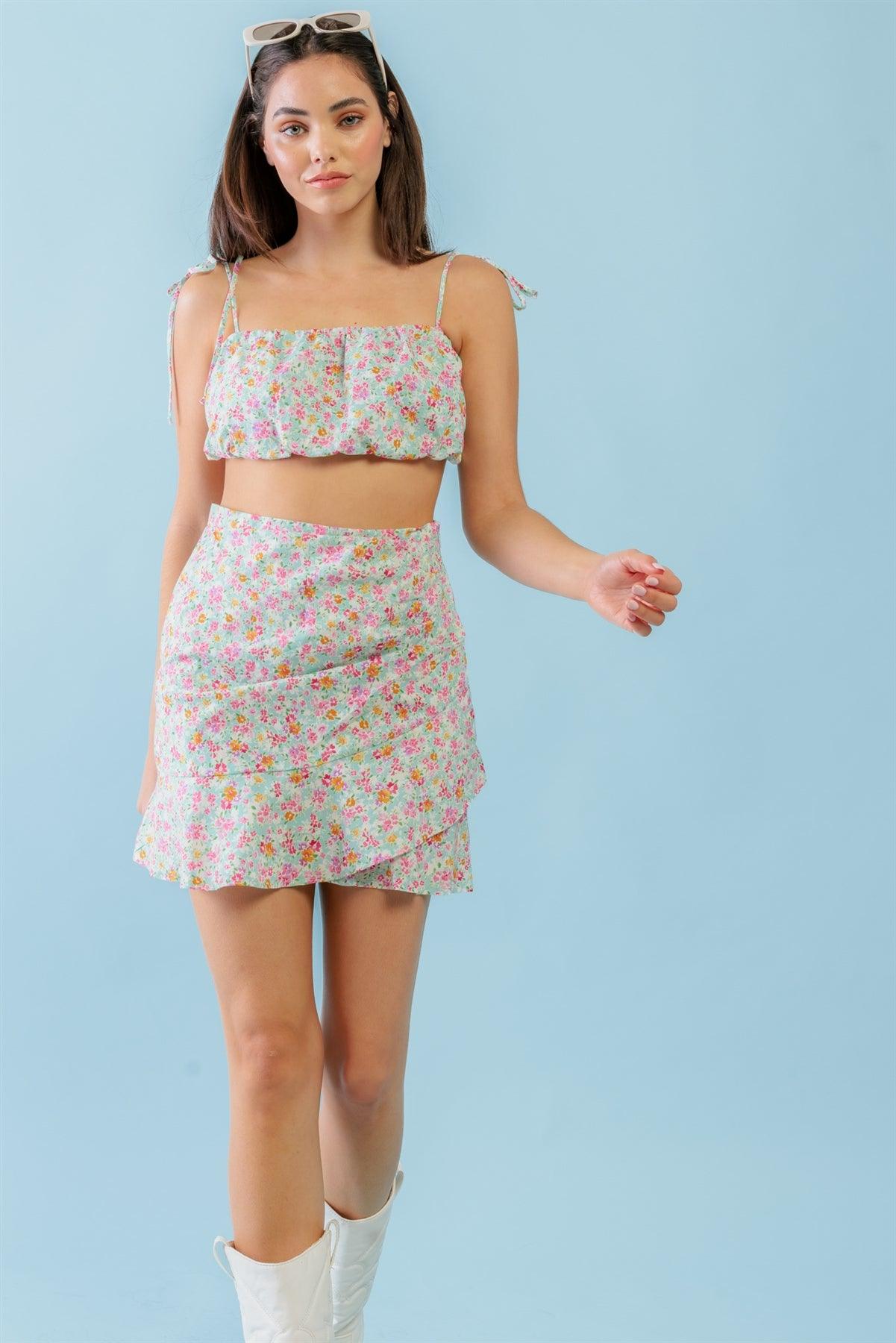 Mint Fuchsia Floral Cotton Sleeveless Strappy Crop Top & High Waist Wrap Hem Mini Skirt Set /3-2-1