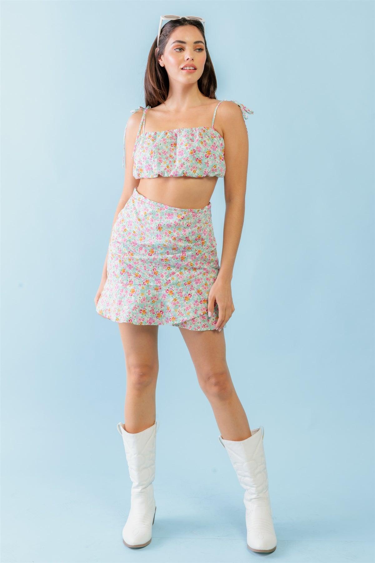 Mint Fuchsia Floral Cotton Sleeveless Strappy Crop Top & High Waist Wrap Hem Mini Skirt Set /3-2-1