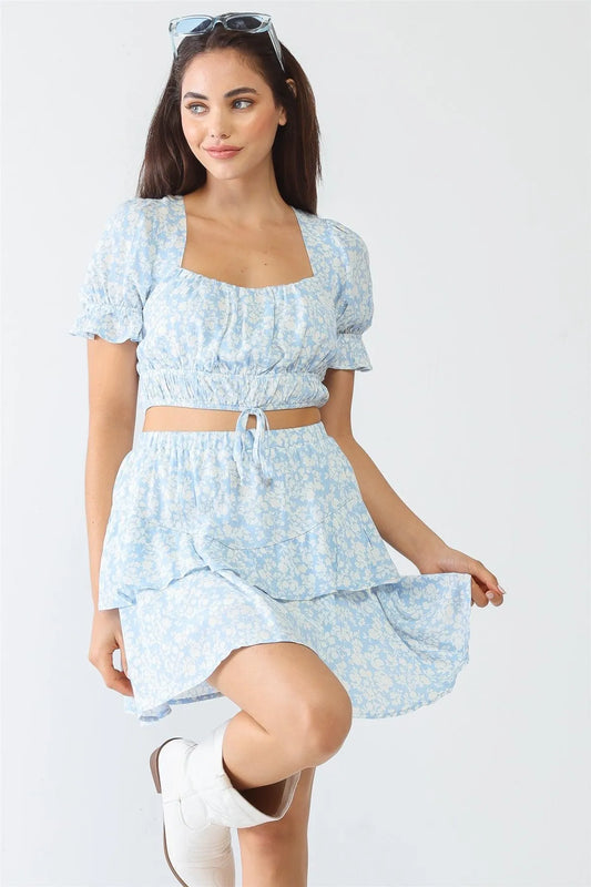 Light Blue & White Floral Print Short Sleeve Crop Top /3-2-1 - Tasha Apparel Wholesale