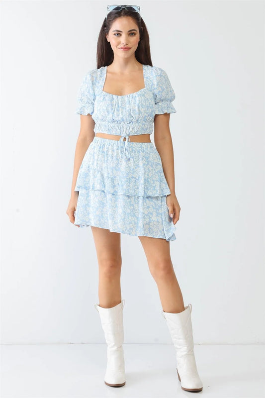 Light Blue & White Floral Print Short Sleeve Crop Top & Flare Hem Tired Mini Skirt Set /3-2-1 - Tasha Apparel Wholesale