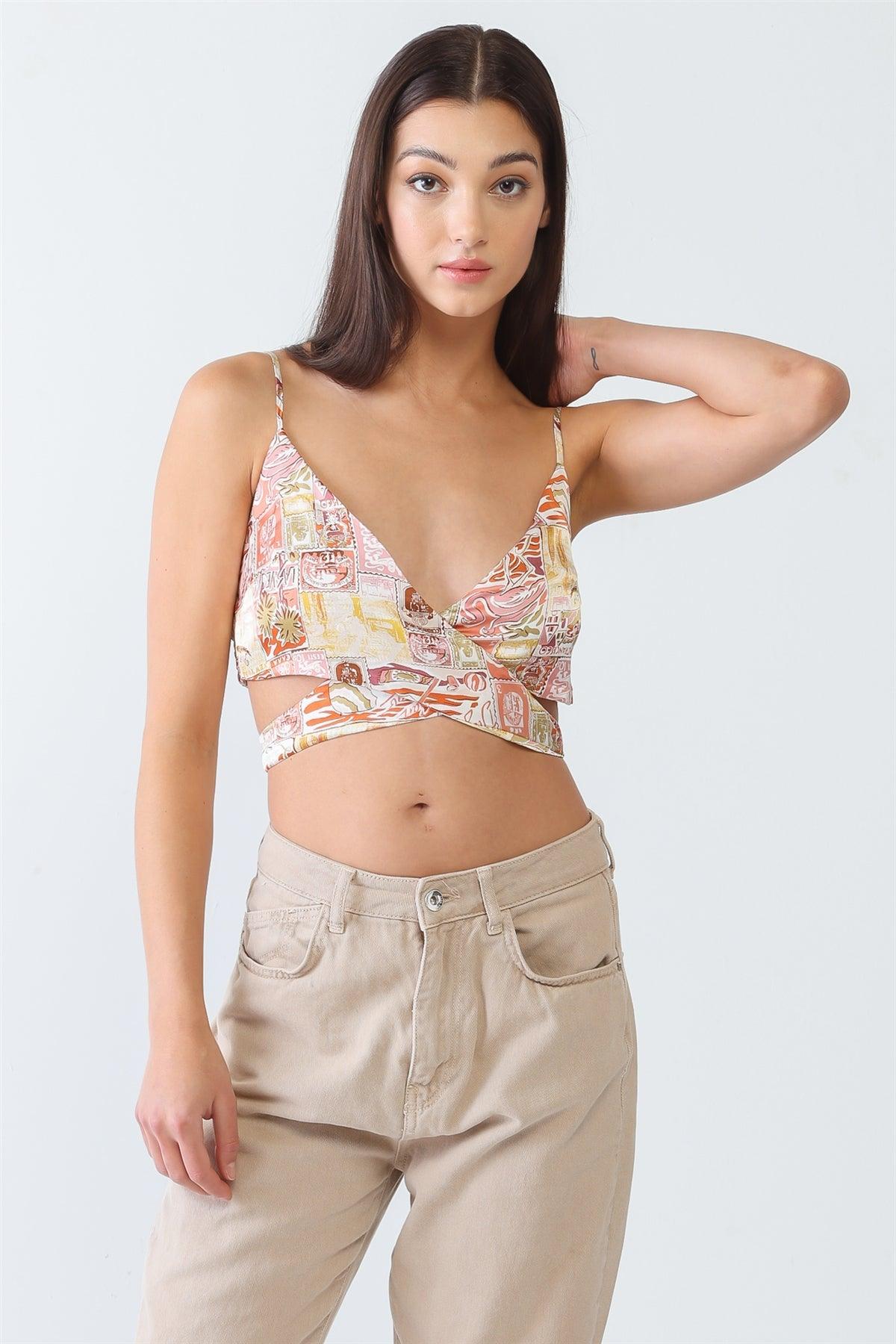 Yellow & Pink "Relax" Print Satin Strappy Smocked Back Crop Top /3-2-1