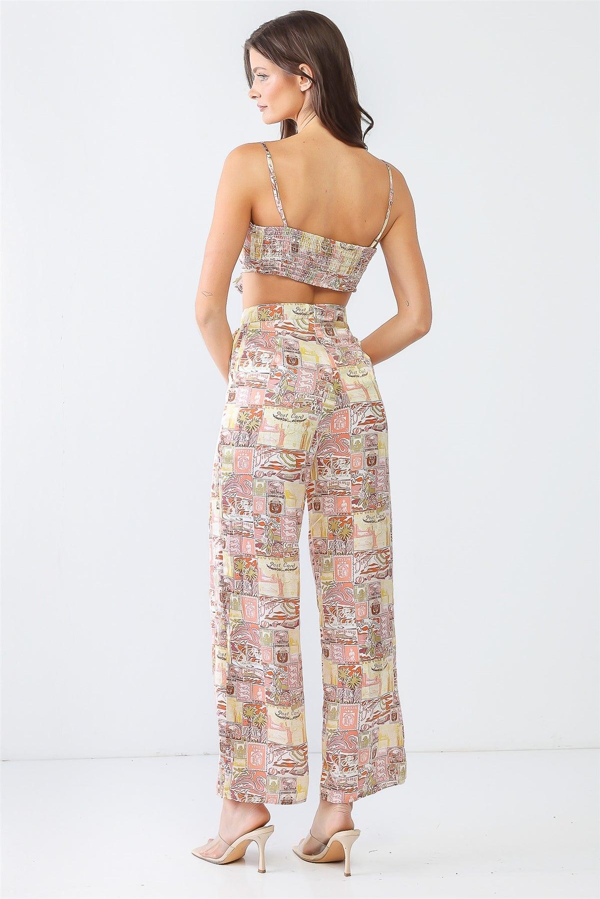 Yellow & Pink "Relax" Print Satin Self-Tie Neck Crop Top & High Waist Wide Leg Pants Set /3-2-1 - Tasha Apparel Wholesale