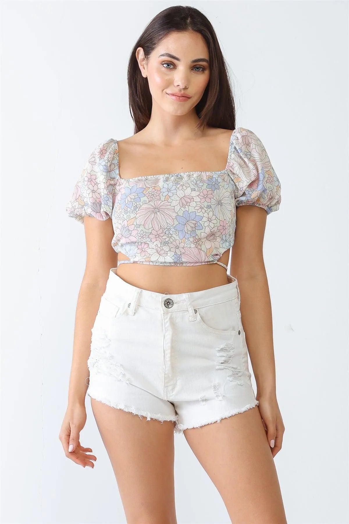Blue & Pink Floral Print Textured Open Self-Tie Back Crop Top /3-2-1 - Tasha Apparel Wholesale