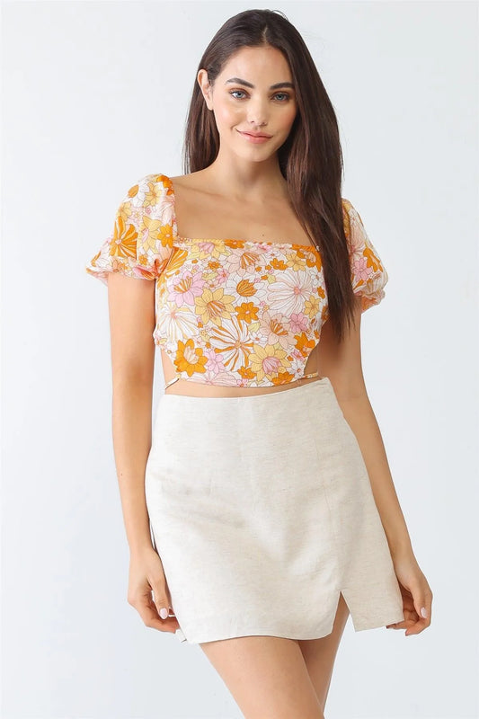 White & Orange Floral Print Textured Open Self-Tie Back Crop Top /3-2-1 - Tasha Apparel Wholesale