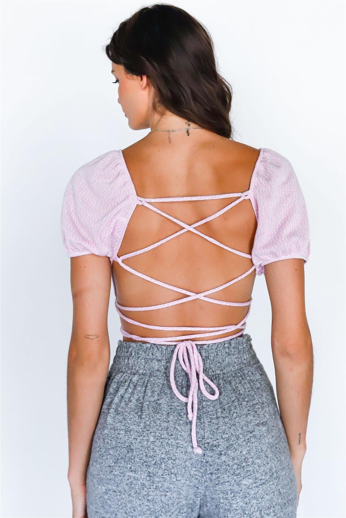 Pink & White Knit Back Lace Down Short Balloon Sleeve Crop Top /3-2-1