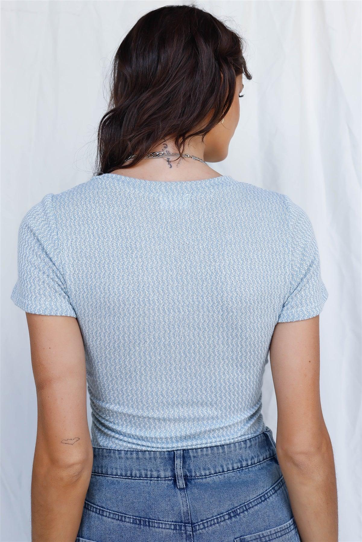 Blue & White Knit Ruched Detail V-Neck Short Sleeve Bodysuit /3-2-1