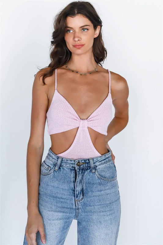 Pink & White Knit Bow Detail Cut-Out Sleeveless Bodysuit /3-2-1 - Tasha Apparel Wholesale