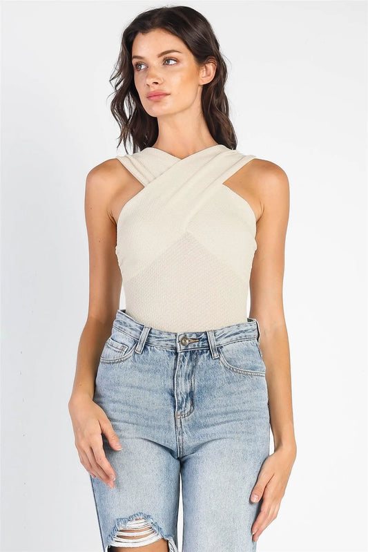 Cream Waffle Knit Wrap Sleeveless Bodysuit /3-2-1 - Tasha Apparel Wholesale