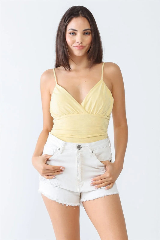 Yellow Ruched Textured Sleeveless Wrap V-Neck Bodysuit /3-2-1 - Tasha Apparel Wholesale