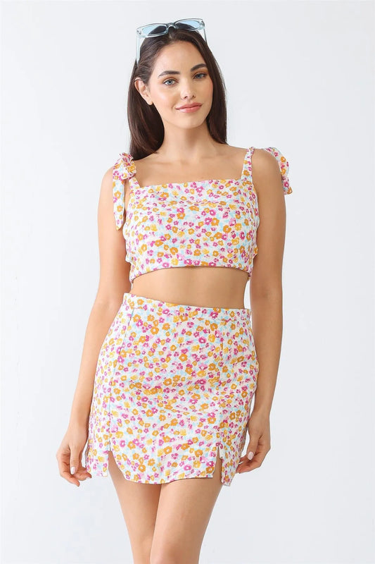 White & Fuchsia Ditsy Print Open Back Crop Top & High Waist Mini Skirt Set /3-2-1 - Tasha Apparel Wholesale