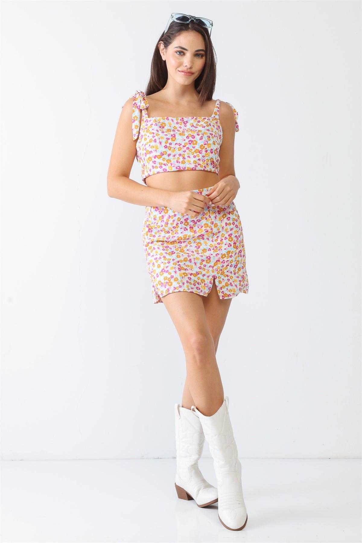 White & Fuchsia Ditsy Print Open Back Crop Top & High Waist Mini Skirt Set /3-2-1