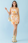Ivory & Orange Floral Print Textured Square Neck Strappy Open Back Crop Top & High Waist Mini Skirt Set /3-2-1