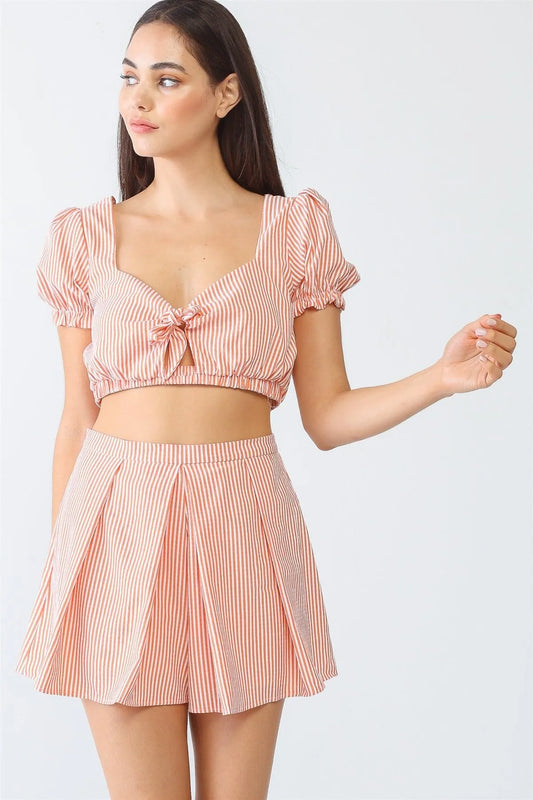 Short Sleeves Stripe Self-Tie Crop Top High Waist Shorts Set - Tasha Apparel Wholesale