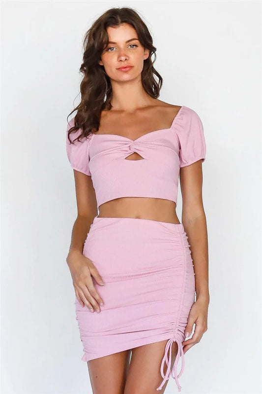 Pink Ribbed Twisted Cut-Out Detail Crop Top & Ruched Detail Mini Skirt Set /4-2-1 - Tasha Apparel Wholesale