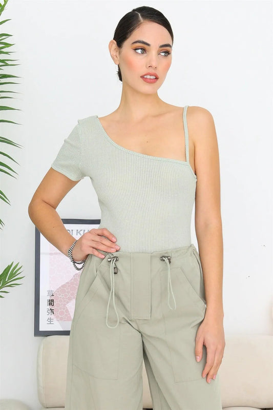 Sage Ribbed One Short Sleeve & Strap Asymmetrical Neck Bodysuit /3-2-1 - Tasha Apparel Wholesale