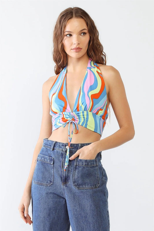 Multicolor Abstract Print Halter V-Neck Ruched Open Back Crop Top /3-2-1 - Tasha Apparel Wholesale