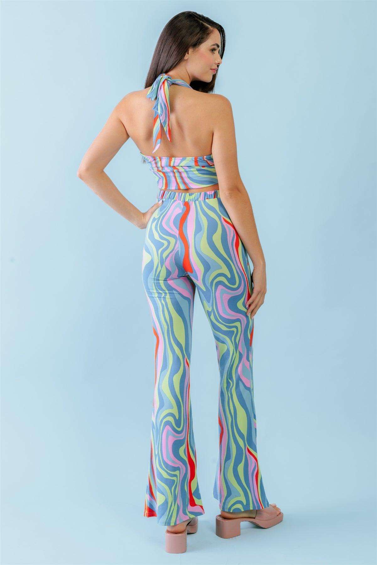 Multicolor Abstract Print Halter V-Neck Ruched Open Back Crop Top & High Waist Pants Set /3-2-1