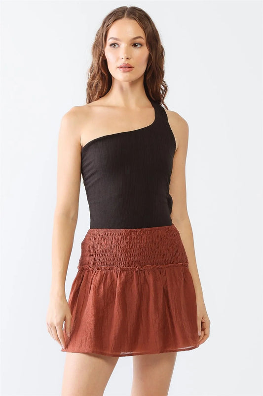 Black Ribbed One Shoulder Sleeveless Slim Fit Bodysuit /3-2-1 - Tasha Apparel Wholesale
