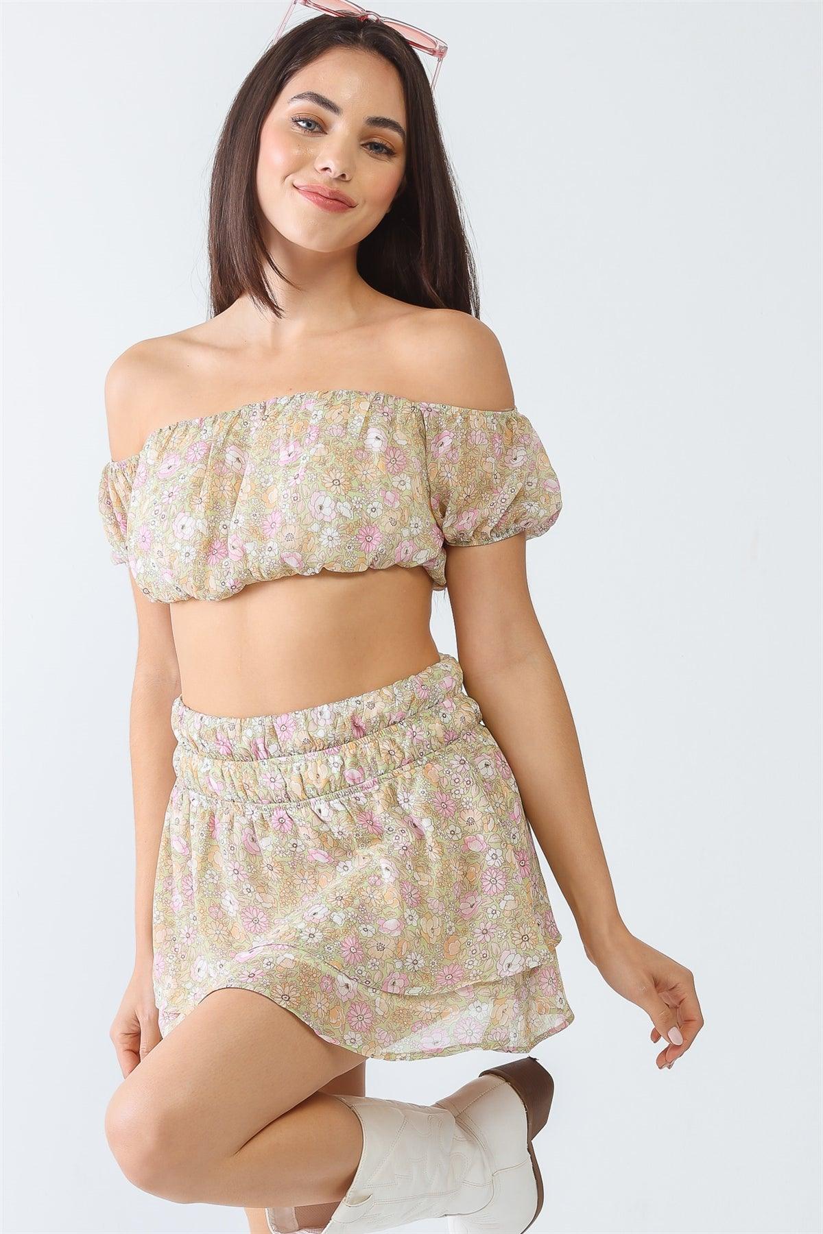 Lime & Pink Floral Print Puff Short Sleeve Crop Top & Flare Hem Mini Skirt Set /3-2-1