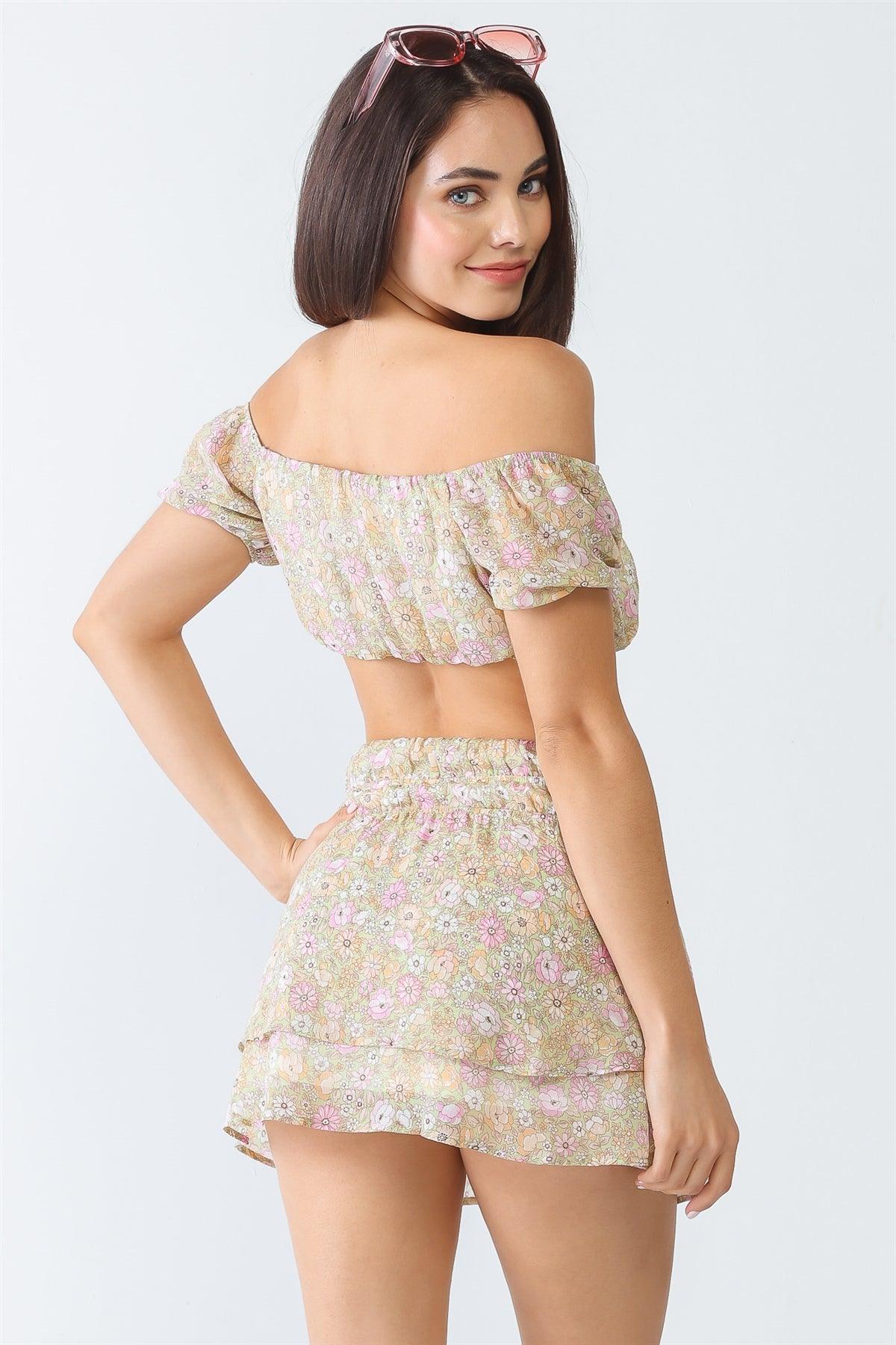 Lime & Pink Floral Print Off-The-Shoulder Puff Short Sleeve Crop Top & Flare Hem Mini Skirt Set /3-2-1