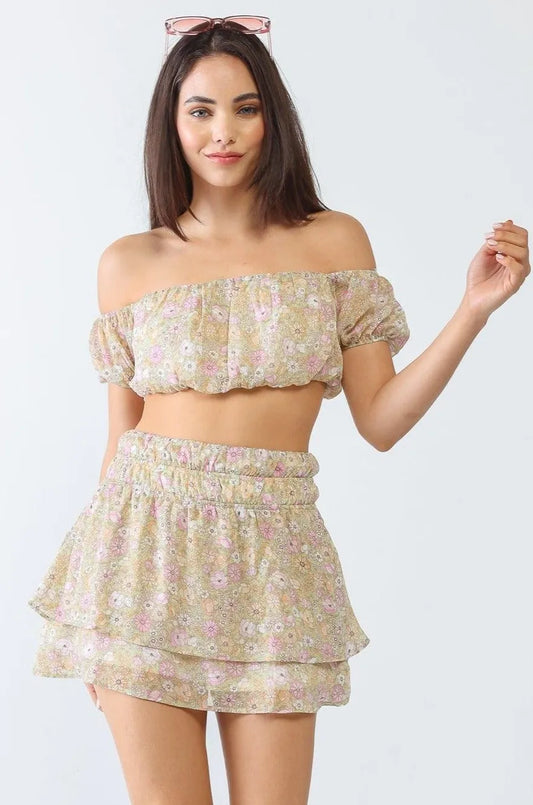 Lime Floral Off-The-Shoulder Crop Top & Flare Mini Skirt Set - Tasha Apparel Wholesale