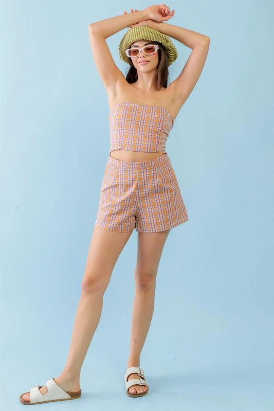 Plaid Print Strapless Crop Top & High Waist Two Pocket Shorts Set - Tasha Apparel Wholesale
