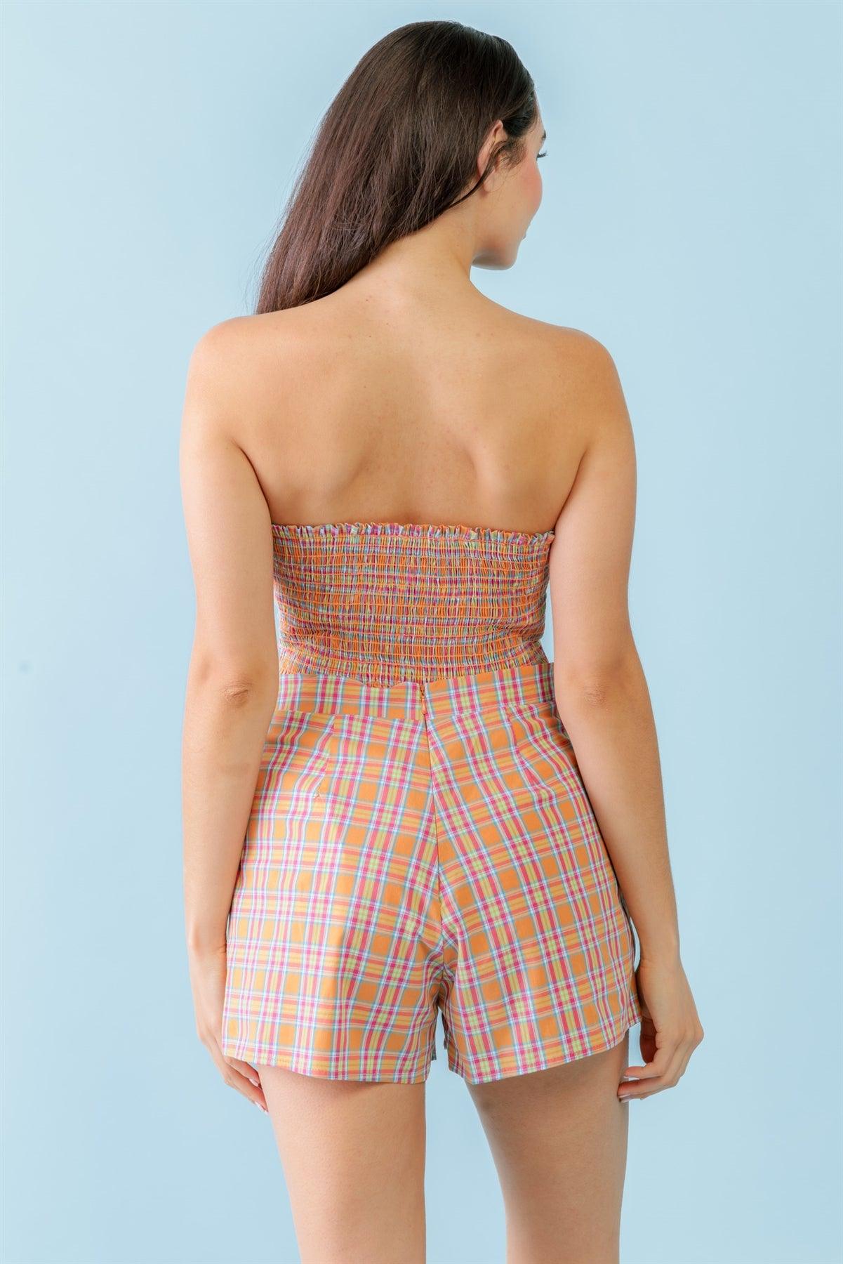 Orange & Aqua Plaid Print Cotton Strapless Crop Top & High Waist Two Pocket Shorts Set /2-2-1